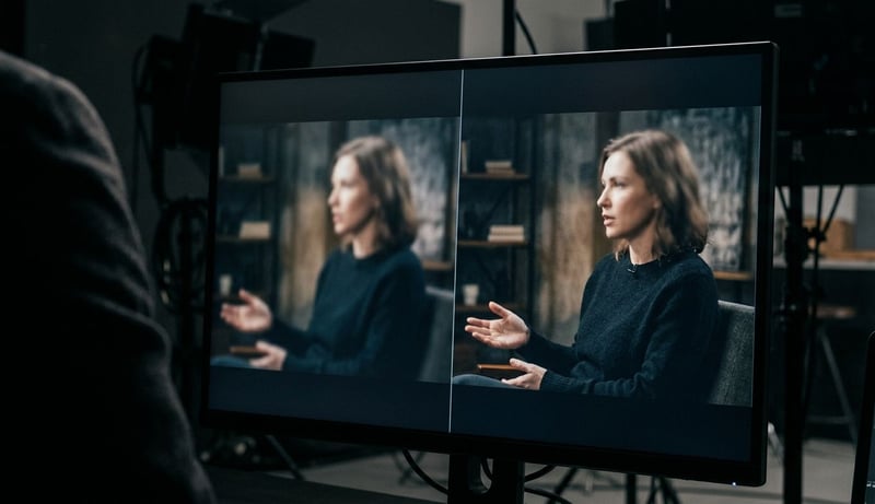 A creator comparing a soft AI frame and a sharpened version on a studio monitor