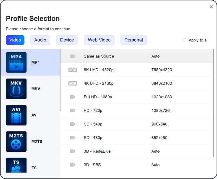 profile selection