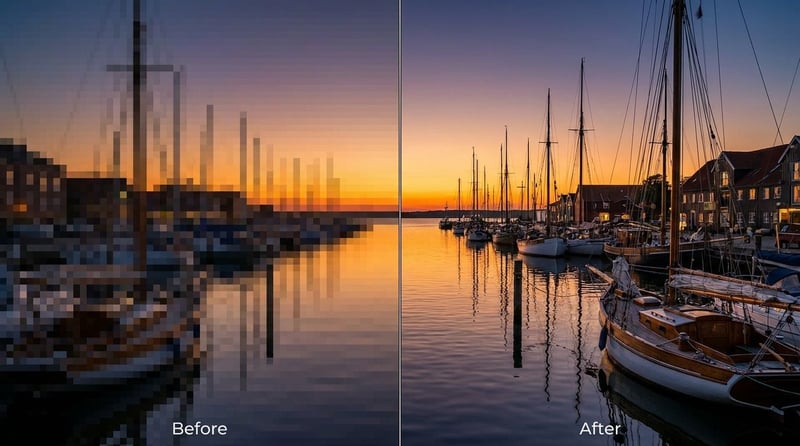 Before and after: a censored blocky video frame softened and restored with an AI censor remover