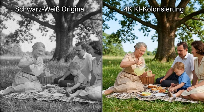 Vorher-Nachher-Vergleich einer 1965er Schwarz-Weiß-Familien-Picknick-Szene neben dem KI-kolorierten Ergebnis — grünes Gras, blauer Himmel, natürliche Hauttöne