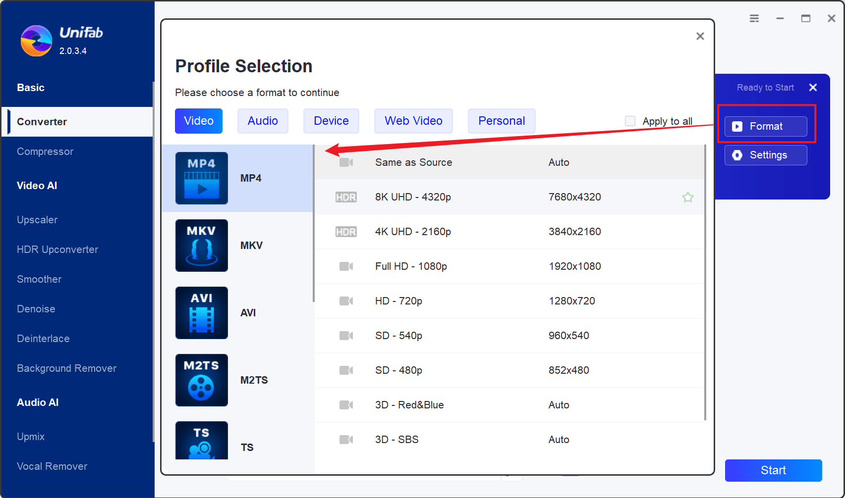 format selection interface