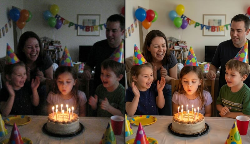 Familienvideo 2008 – 720p Handy-Aufnahme links, 4K nach KI-Upscaling rechts