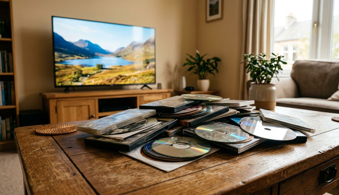 Alte DVD-Sammlung neben 4K-OLED-TV mit restauriertem Video in scharfer Auflösung