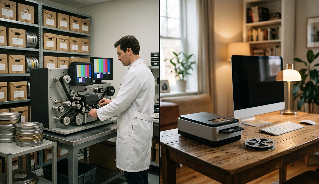 Konzept: Profi-Scan-Service vs DIY-Setup für Super 8 Digitalisierung – ROI-Vergleich (Konzeptbild)