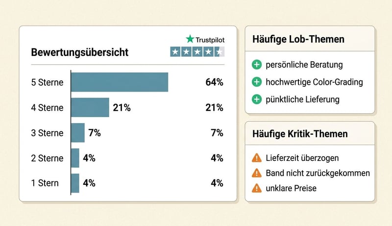 Trustpilot Auswertungs-Muster für Hochzeitsvideo-Anbieter – Sterneverteilung plus Lob- und Kritik-Karten