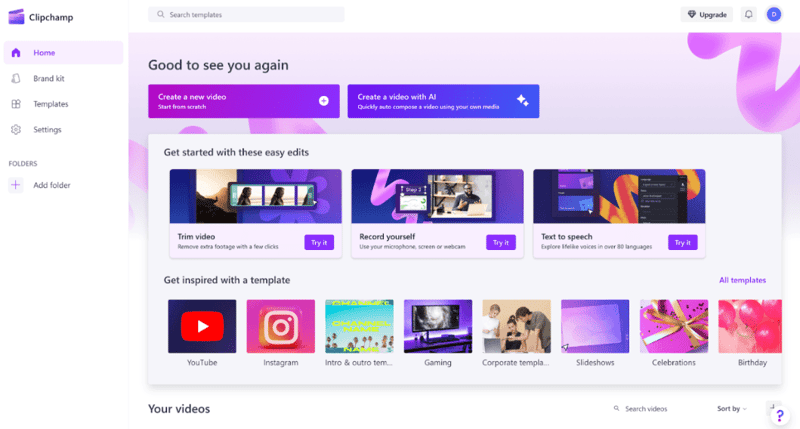 clipchamp video editor interface