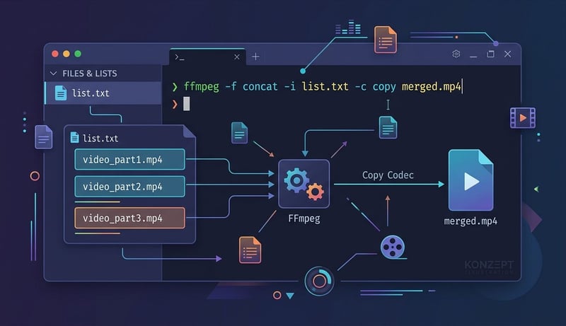 Konzept FFmpeg concat Terminal Befehl