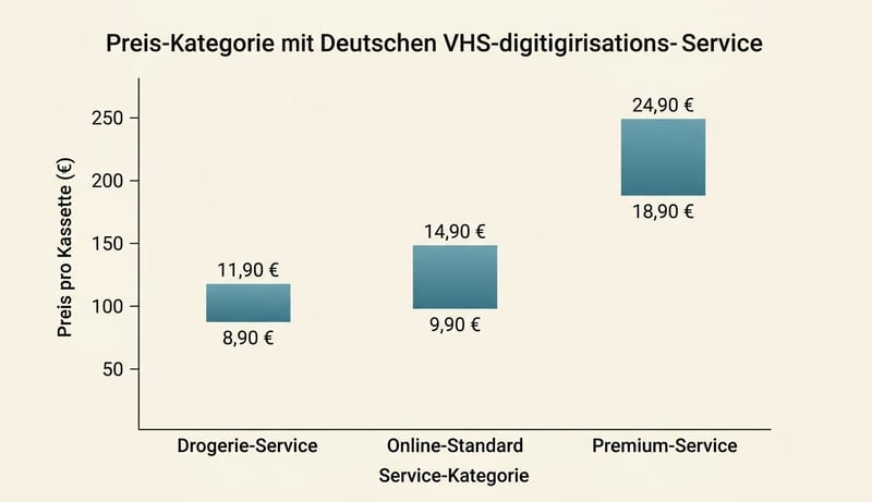 Vergleich der drei Service-Kategorien als Balkendiagramm – Drogerie, Online-Standard, Premium-Service mit Preisspannen pro Kassette