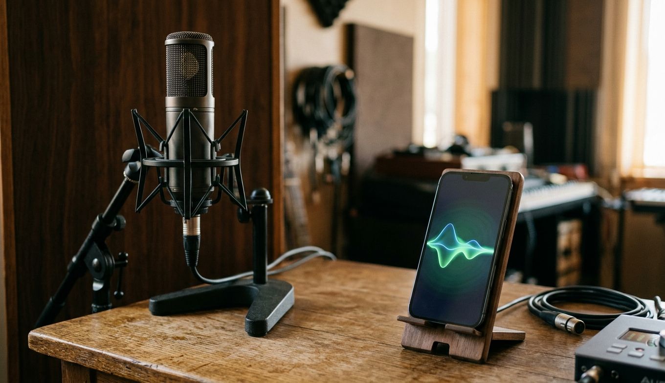 Konzept: Studio-Mikrofon und Smartphone mit Audio-Wellenform (Konzeptbild)