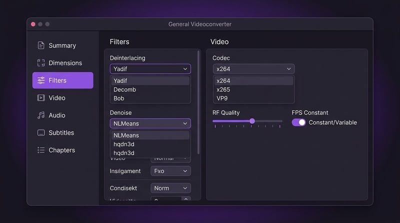 HandBrake Filters und Video Tab — Deinterlacing, Codec und Qualitäts-Einstellungen
