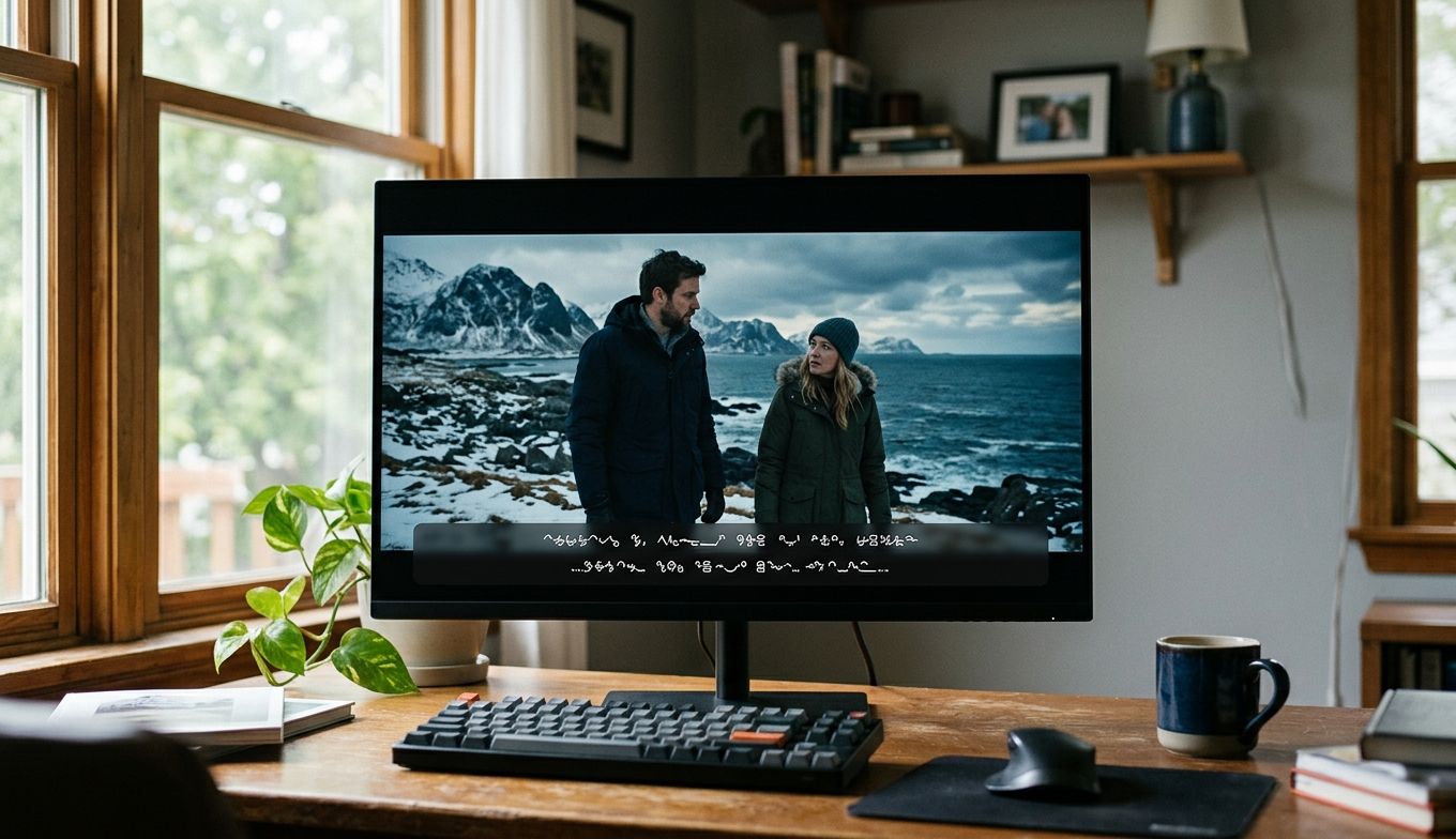 Konzept: Video mit Untertitel-Overlay auf modernem Monitor (Konzeptbild)