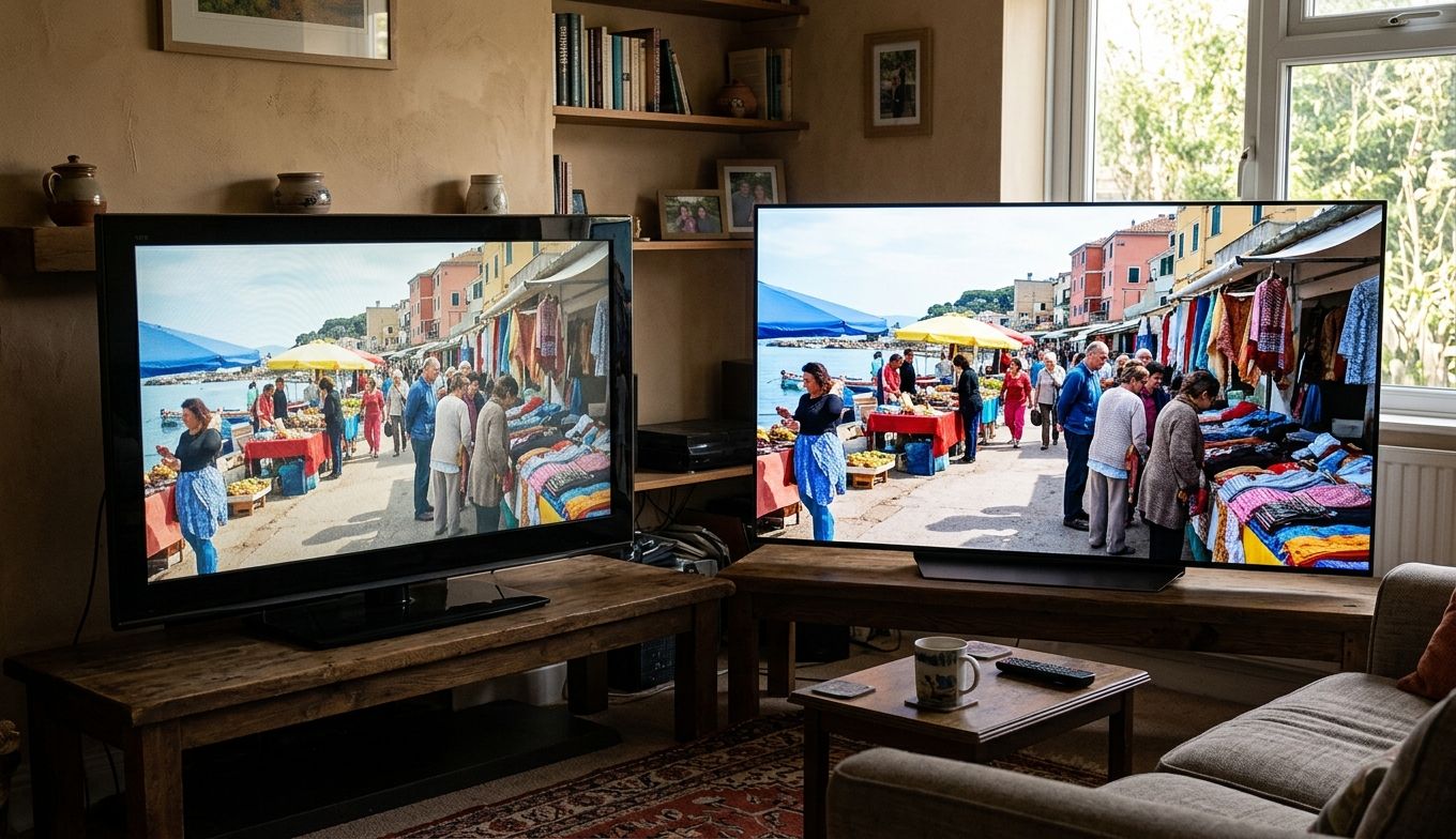 Konzept: Alter Smart-TV vs moderner OLED – AVI für Kompatibilität (Konzeptbild)