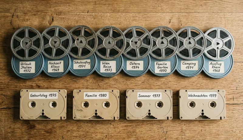 Top-down Foto des Testmaterials — 12 8mm-Filmrollen mit handschriftlich beschrifteten Filmdosen aus 1964 bis 1981