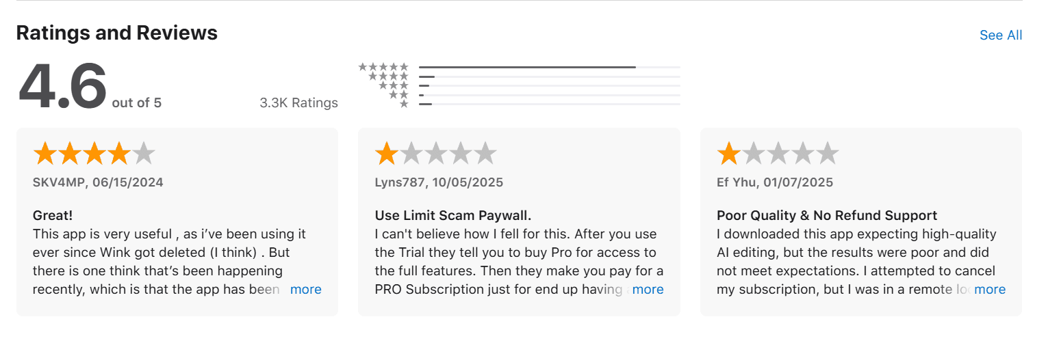 Winkit iPhone store rating for portrait video tools
