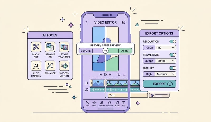 Konzept Mobile Video-Editor Vorher-Nachher