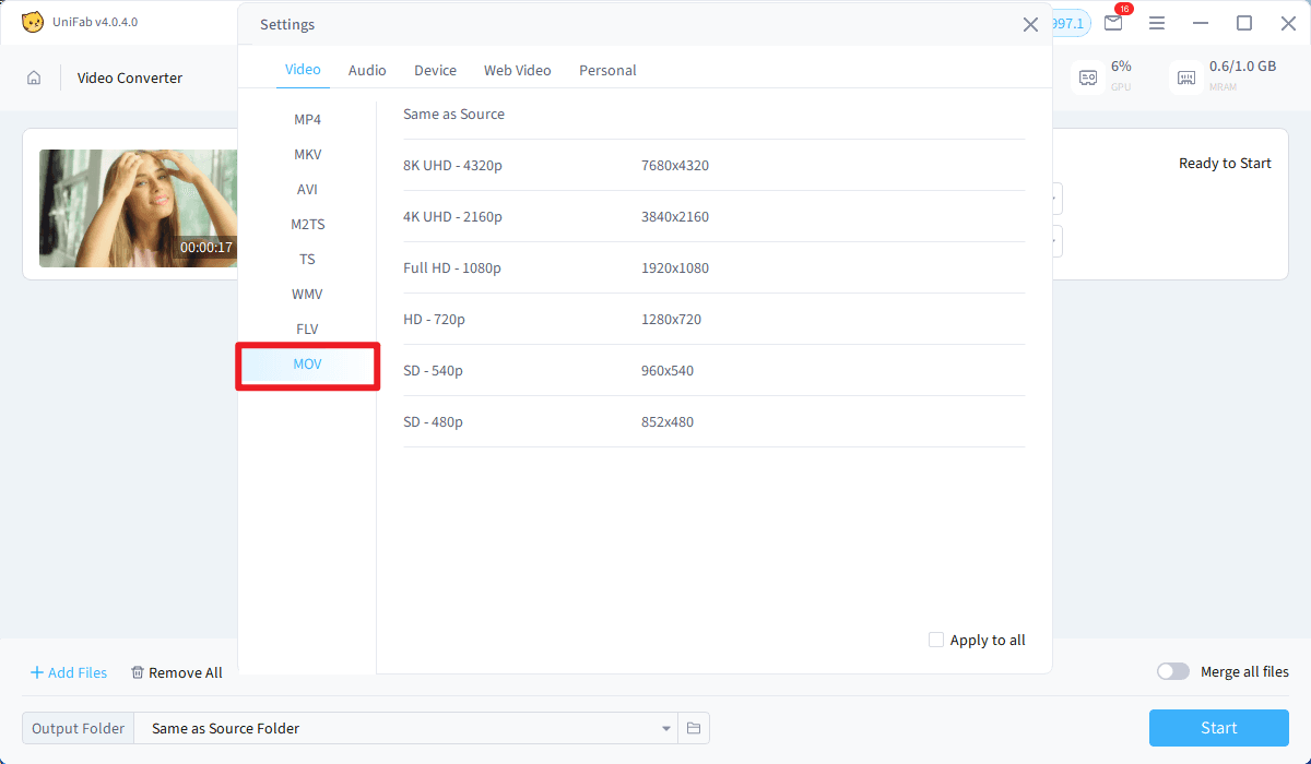 convert mp4 to mov - step 3