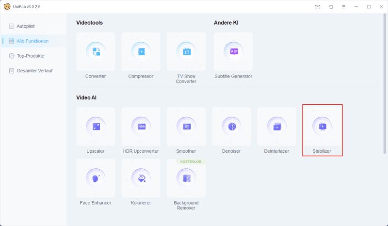 Offizielle UniFab Produktseite zum Hinzufügen eines Clips im Stabilizer-Workflow