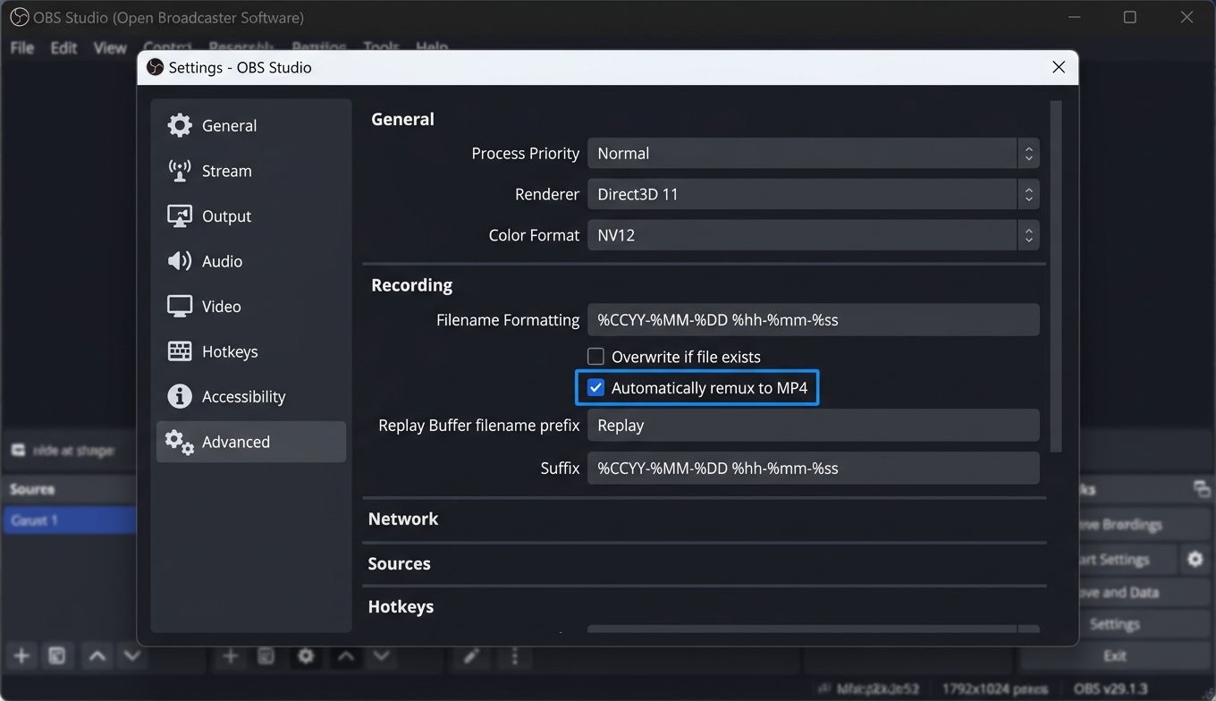 OBS Studio advanced settings enabling automatic MKV-to-MP4 remuxing