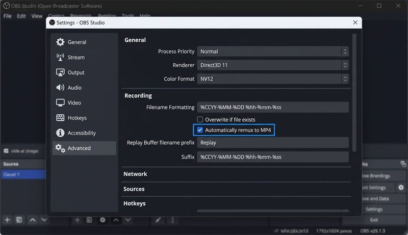 OBS Studio auto remux to MP4 setting