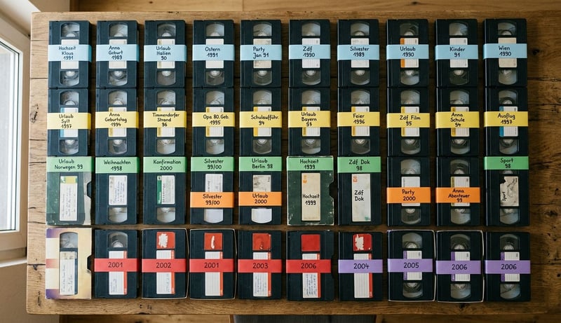Übersicht des Testmaterials – 60 VHS-Bänder nach Jahr und Inhaltstyp gruppiert