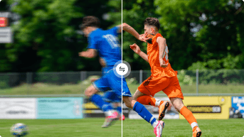 Soccer players, blurry vs 4K upscaling