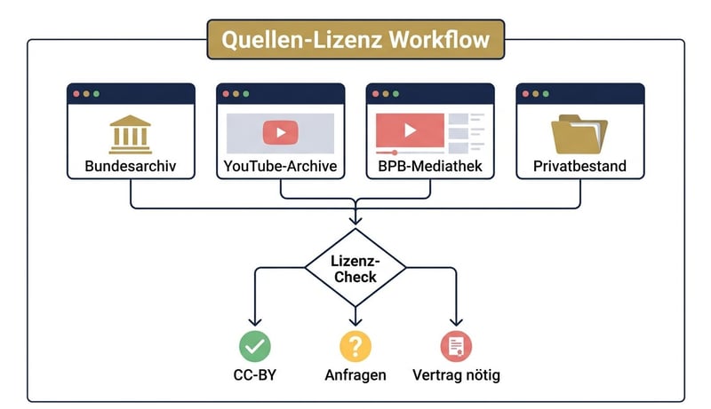 Konzept-Infografik Lizenz-Check Workflow mit 4 Quellen und Entscheidungsbaum