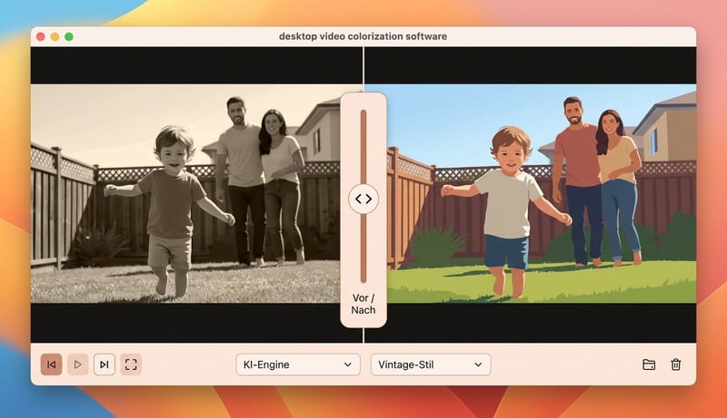 Konzept-Illustration eines Desktop-Video-Colorizers mit Vor-und-Nach Slider für Familienaufnahmen