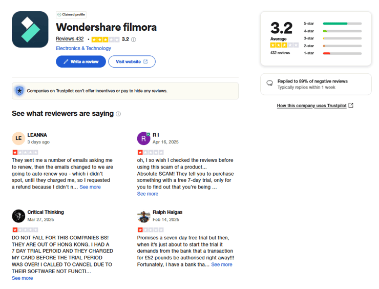 wondershare filmora review from trustpilot