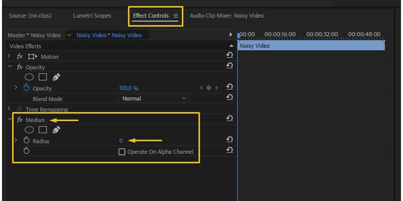 Premiere Pro Effects panel locating the legacy Median effect