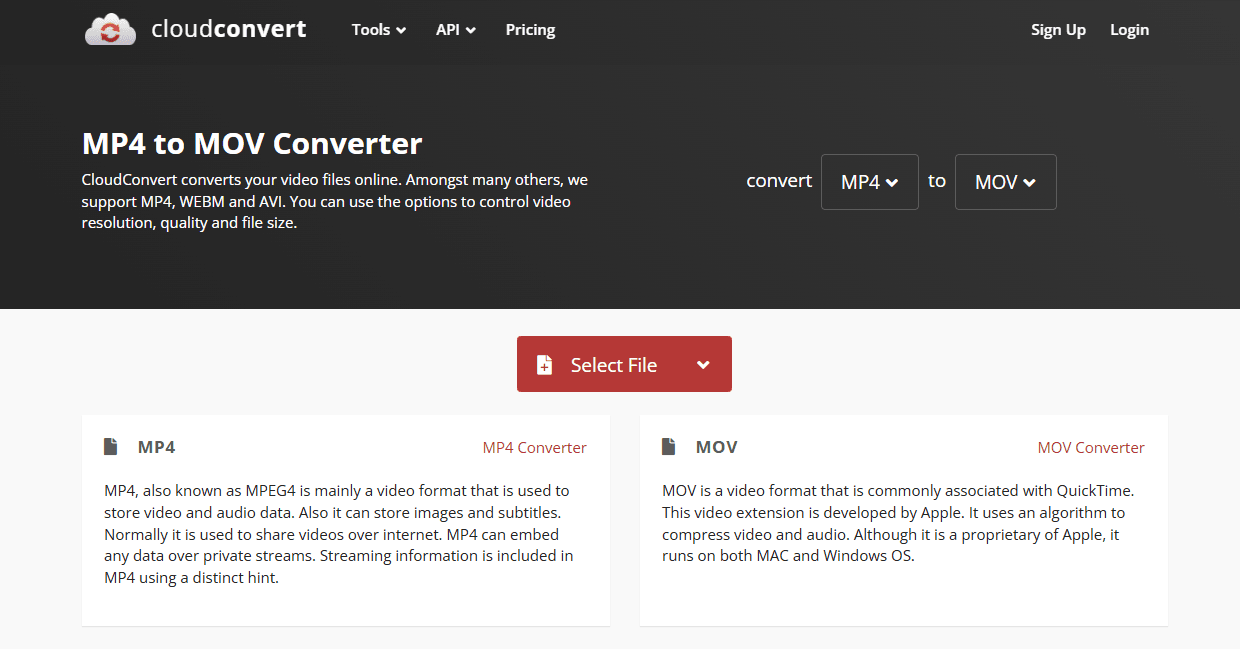 CloudConvert browser workflow for converting an MP4 file to MOV