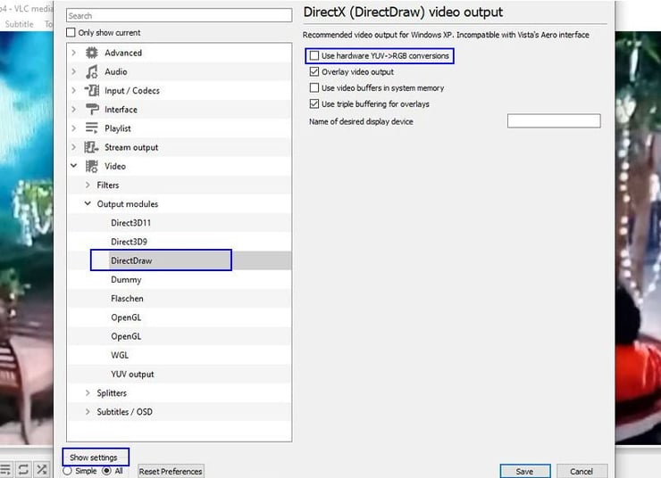 DirectX output module setting in VLC