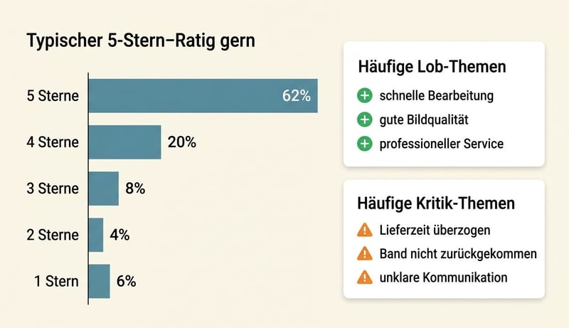 Beispiel-Aufbau einer Trustpilot-Auswertung – Sterneverteilung, häufigste Lob- und Kritikpunkte für VHS-Digitalisierungs-Anbieter