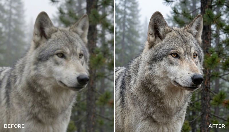 Before vs after upscaling a soft AI-generated clip with UniFab AI Video Upscaler: restored fur, sharp detail, and clean 4K