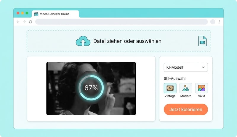 Konzept-Illustration eines Browser-Colorizer-Tools mit Upload-Zone und Stil-Auswahl