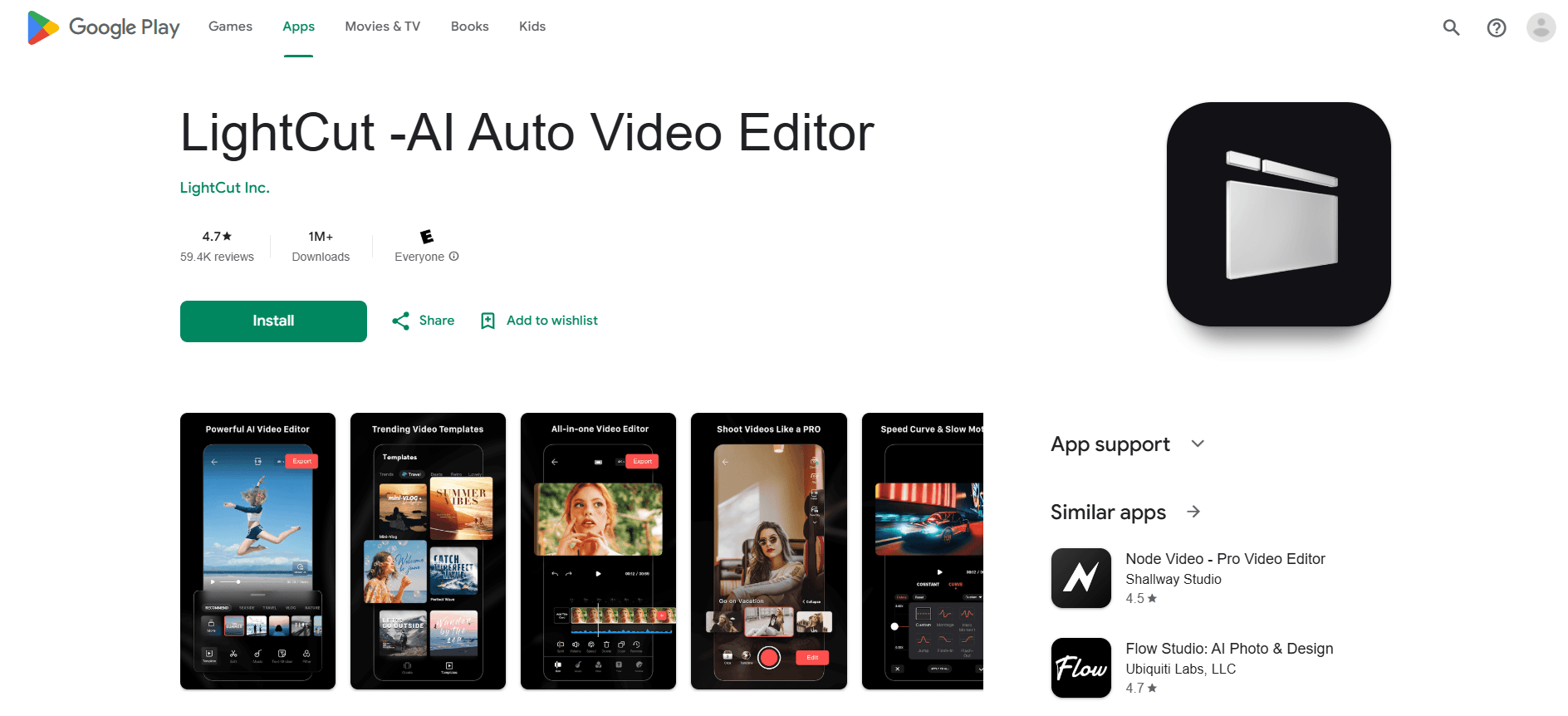 LightCut mobile editor showing one-tap enhancement and templates