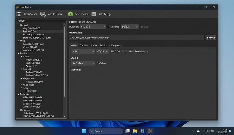 HandBrake preset panel showing the list of device and quality presets