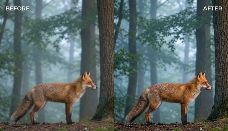 Before and after comparison of an AI-generated fox video, showing a soft source frame and a naturally detailed 4K-style delivery frame