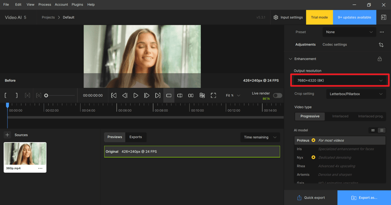 topaz video ai workspace interface