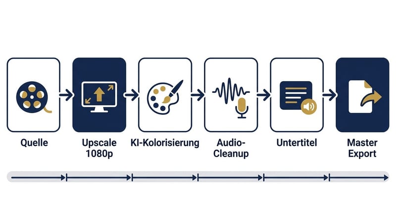 Konzept-Illustration einer Doku-Produktions-Pipeline 6 Stufen mit Workflow-Pfeilen
