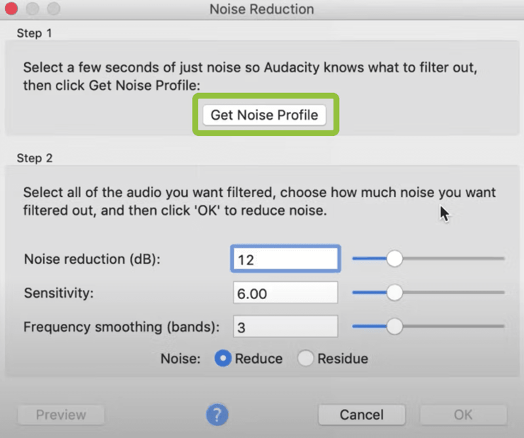 Noise reduction settings