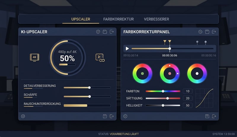 Konzept-Illustration einer Broadcast-Suite mit Upscaler und Color-Grading nebeneinander
