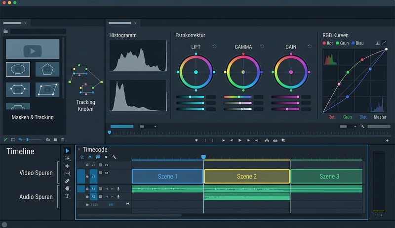 Konzept-Illustration eines Editors mit Color-Wheels und Timeline für manuelle Kolorisierung