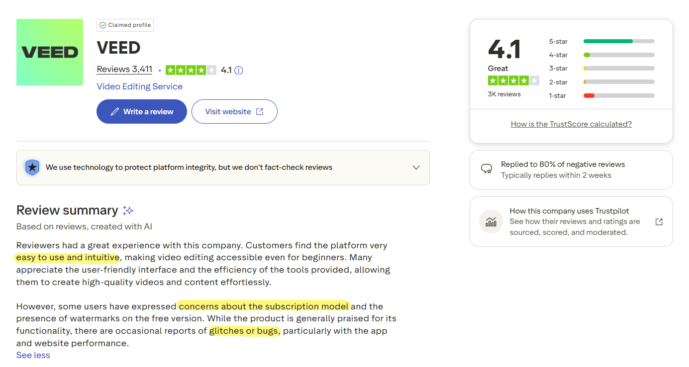 VEED user reviews snapshot showing Trustpilot rating context