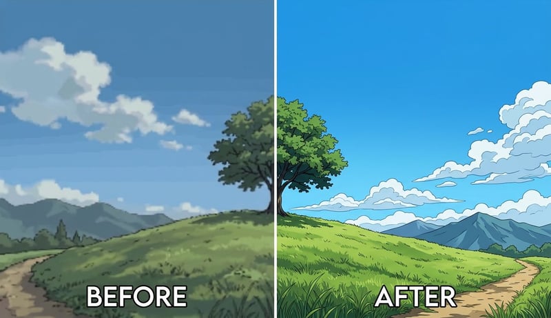 Before and after upscaling AI anime to 4K with clean line art using UniFab's Kairo model