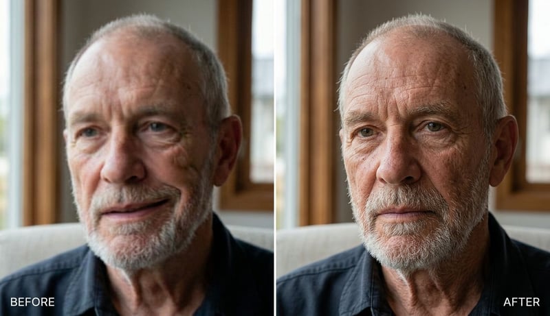 Before and after fixing a warped AI face with UniFab Face Enhancer AI: restored eyes, natural skin, sharp detail