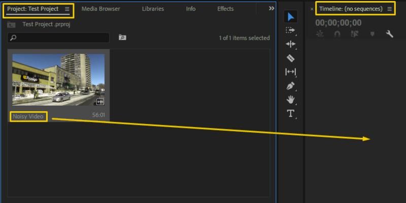Premiere Pro timeline prepared for a legacy Median noise-reduction test