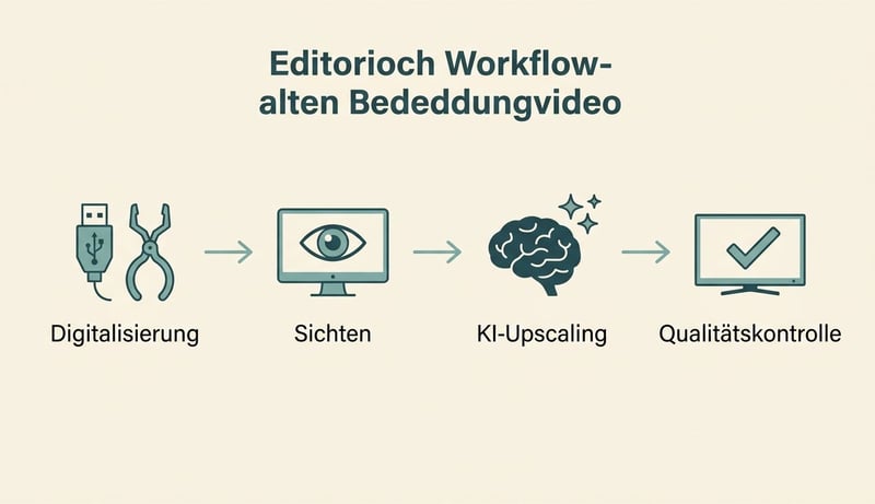 Workflow-Diagramm vier Schritte – Digitalisierung mit USB-Grabber / Sichten / KI-Upscaling mit UniFab / Qualitätskontrolle