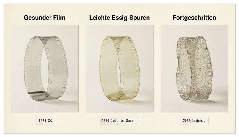 Visualisierung der Acetatzersetzung über Zeit — gesunde Filmrolle links, leichte Essig-Spuren Mitte, schrumpfender brüchiger Film rechts mit Jahresangaben