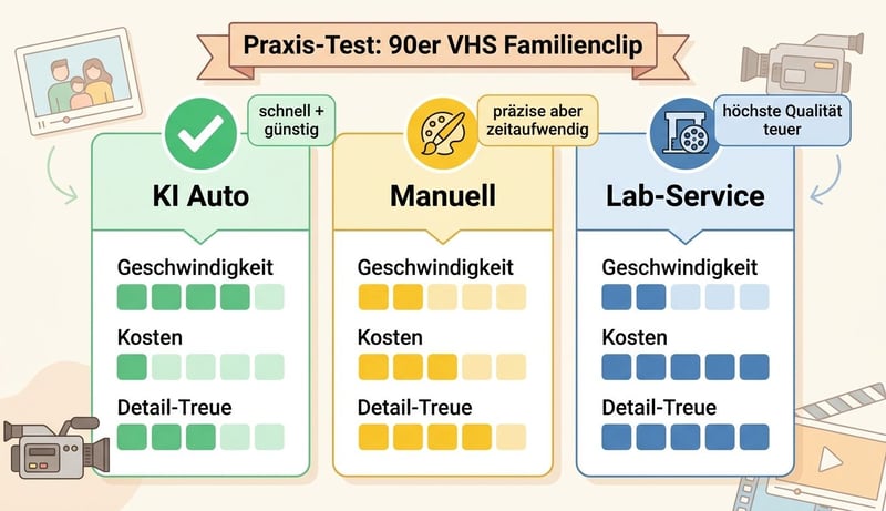 Konzept-Infografik mit Praxis-Test 3 Methoden für 90er VHS Familienclip im Vergleich