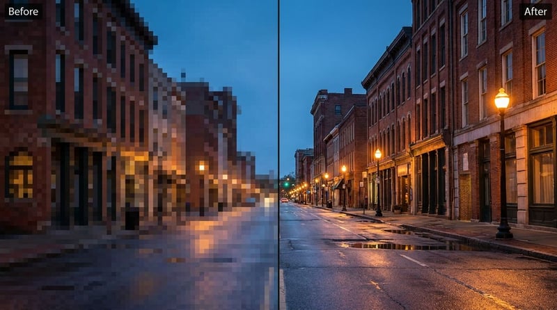 Before and after: a pixelated city-street video frame restored to sharp detail with AI